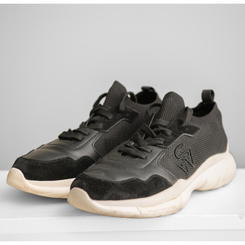 Stuart Weitzman Sneakers Black Leather Suede‎ Designer Sporty Shoes Minimalist
